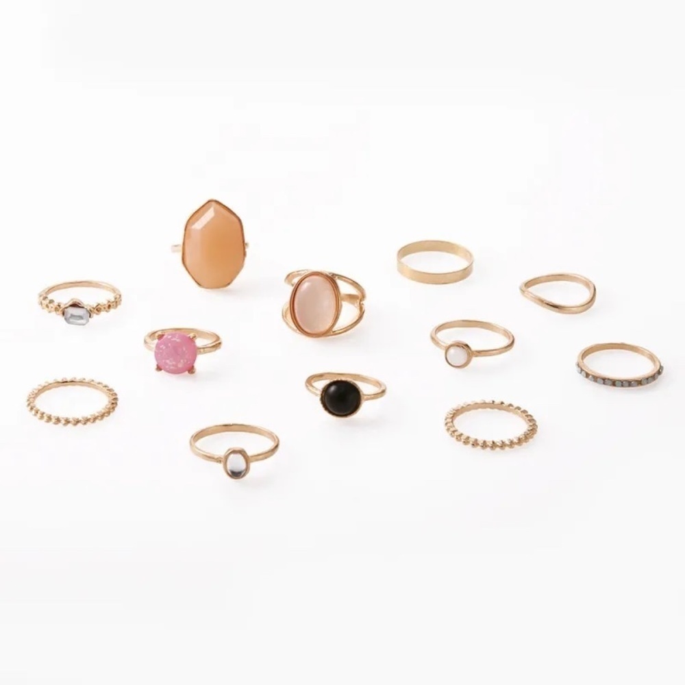 *MARTINE* 12-Pc Gold x Multicolor Gem Fashion Rhinestone Ring Set - Picture 4 of 5